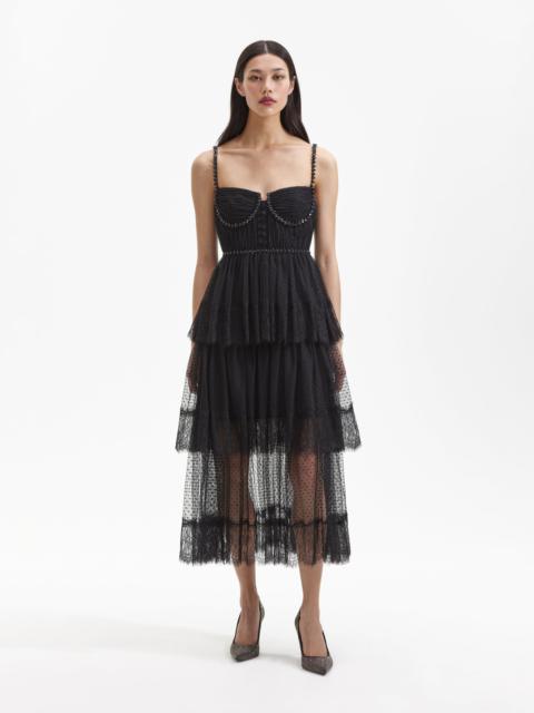 self-portrait Black Dot Mesh Tier Midi Dress