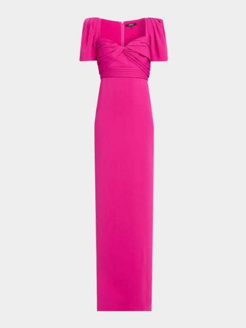 BADGLEY MISCHKA Pleated Puff-Sleeve Column Gown
