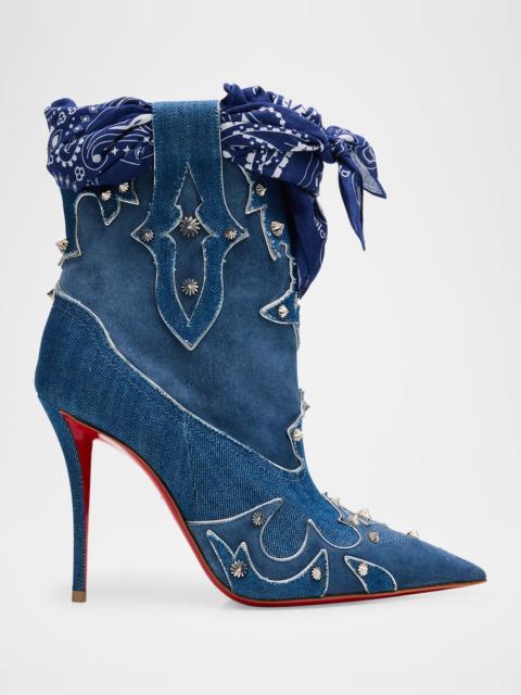 Christian Louboutin Bootyiag Denim and Suede Bandana Red-Sole Western Booties