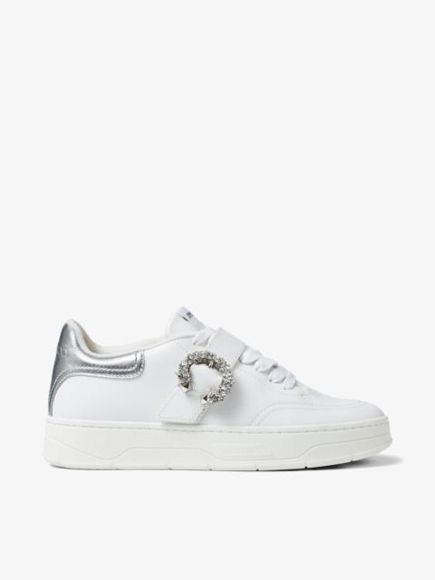 JIMMY CHOO Osaka Lace Up
White Calf Leather and Silver Metallic Nappa Low Top Trainers with Crystal Buckle