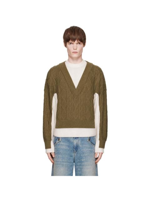 EGONLAB Khaki & White Double V-Neck Sweater