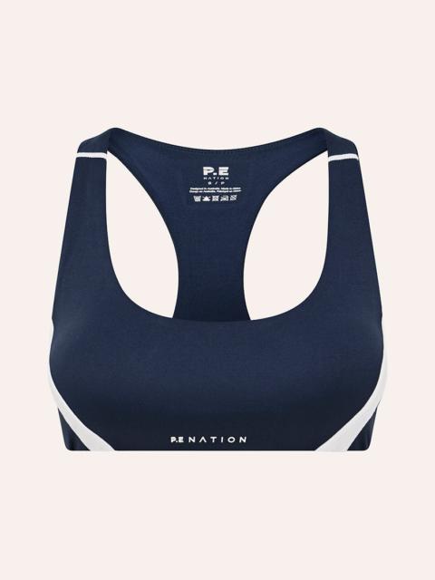 P.E NATION OFFSIDE SPORTS BRA IN DARK NAVY