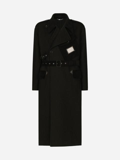 Double-breasted baize trench coat with logo label