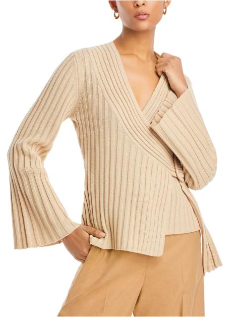 Jeyda Wide Ribbed Faux Wrap Wool Sweater