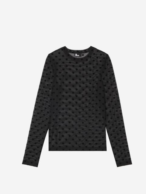 The Kooples BLACK HEARTS FLOCKED MESH LONG-SLEEVE T-SHIRT