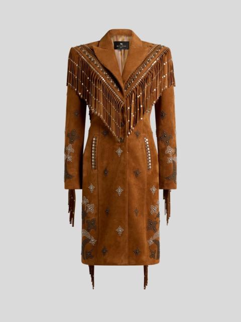 Etro LEATHER COAT WITH STUDS AND FRINGING