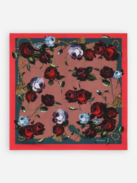 Twill scarf with vintage rose print (90 x 90)