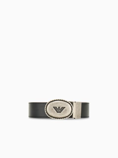 EMPORIO ARMANI SUEDE AND GRAINED LEATHER BELT WITH OVAL LOGO PLAQUE