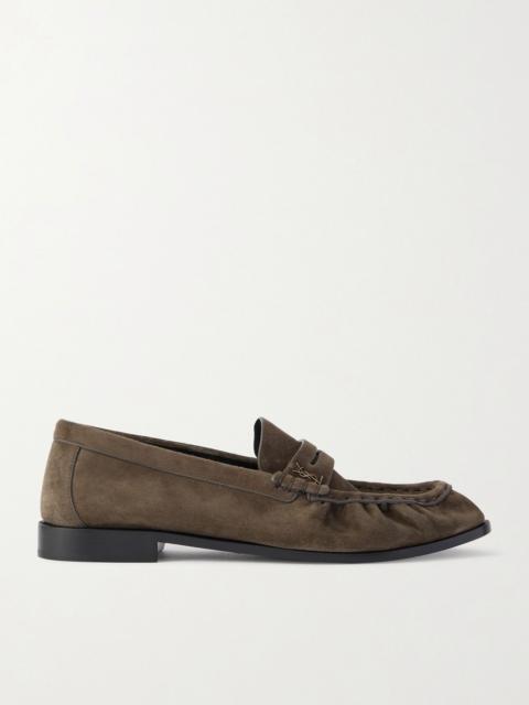 SAINT LAURENT Le Loafer Monogram Logo-Appliquéd Suede Penny Loafers Dark gray