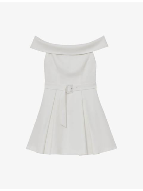 REISS Arwen Belted-Waist Bardot Stretch-Woven Mini Dress