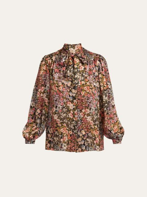 Valentino Floral Metallic Crinkle Satin Bow-Neck Blouse