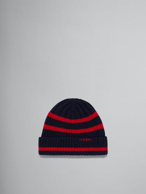 NAVY RIBBED WOOL BEANIE WITH SAILOR STRIPES