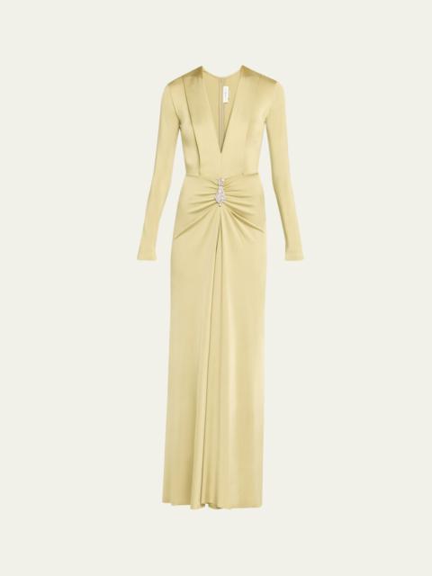 Victoria Beckham Plunging Gathered Crystal Long-Sleeve Gown