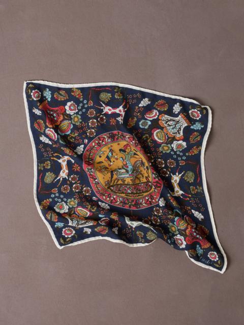 Drake's Navy Folk Rider Print Wool-Silk Pocket Square