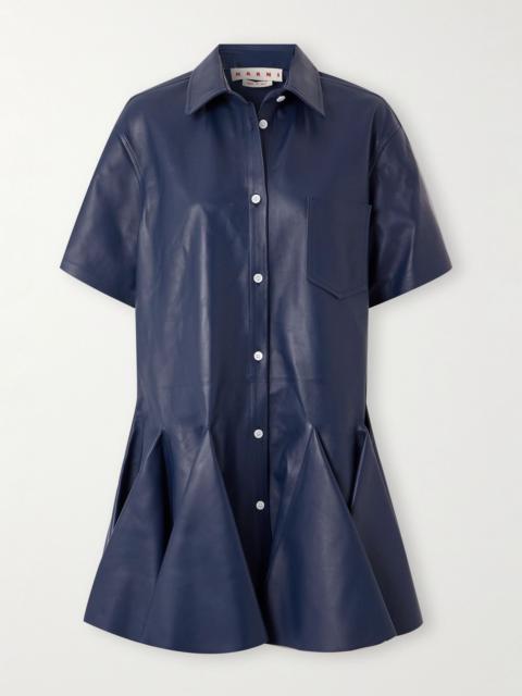 Marni Pleated leather mini shirt dress Blue