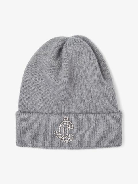 JIMMY CHOO Ilse
Marl Grey Knitted Cashmere Hat with Embroidered Crystal JC Monogram