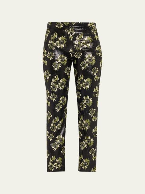 Alexander McQueen Lacquered Sunflower Jacquard Slim-Leg Ankle Pants