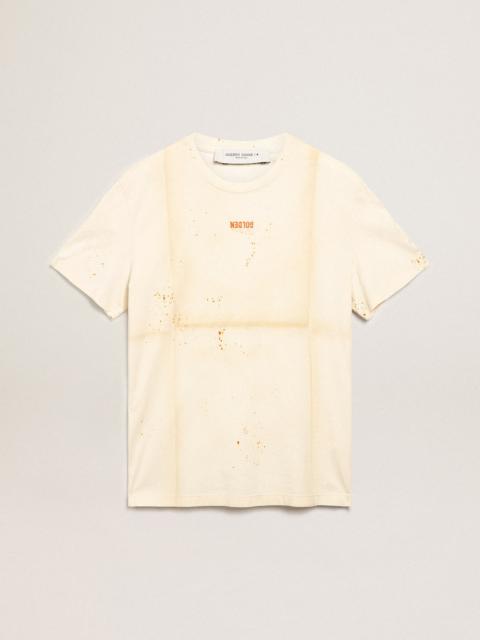 Golden Goose Men's bone white T-shirt with lettering and distressed details