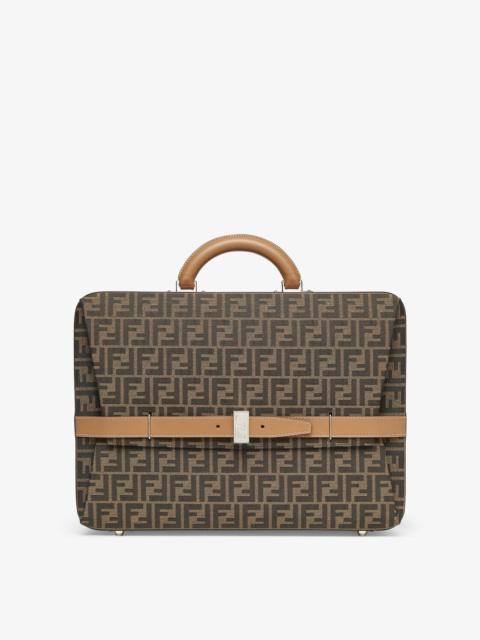 FENDI Suitcase with side opening, made of fabric with jacquard FF motif and beige leather. Snap clasp with