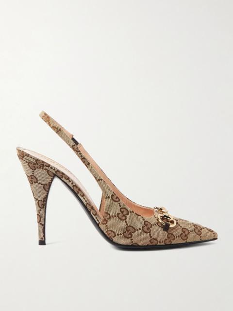 GUCCI Erin horsebit-embellished canvas-jacquard slingback pumps Beige