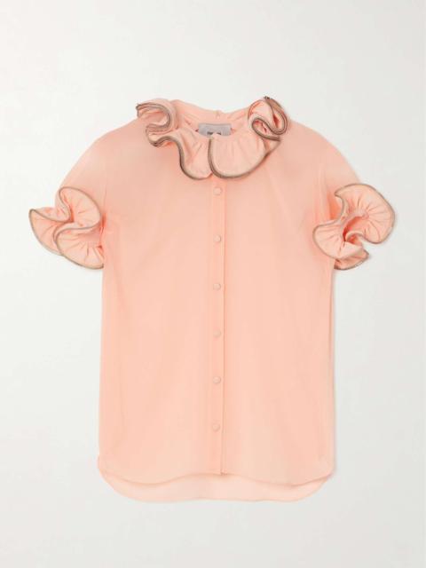 Zip-embellished ruffled chiffon blouse