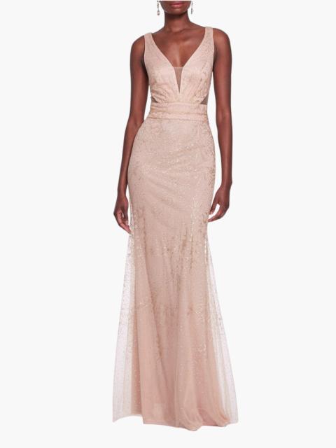 Marchesa SLEEVELESS V-NECK GLITTER GOWN