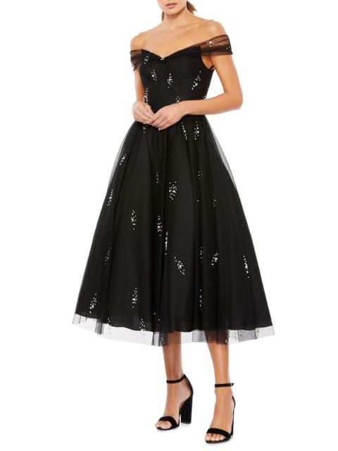 MAC DUGGAL Women's Imitation Pearl-Embellished Off-The-Shoulder Cocktail Dress - Black