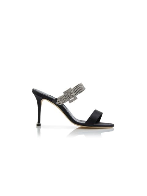 Manolo Blahnik Black Satin Crystal Embellished Strap Mules