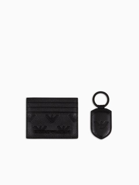 EMPORIO ARMANI Gift box with leather wallet and keyring with all-over embossed eagle