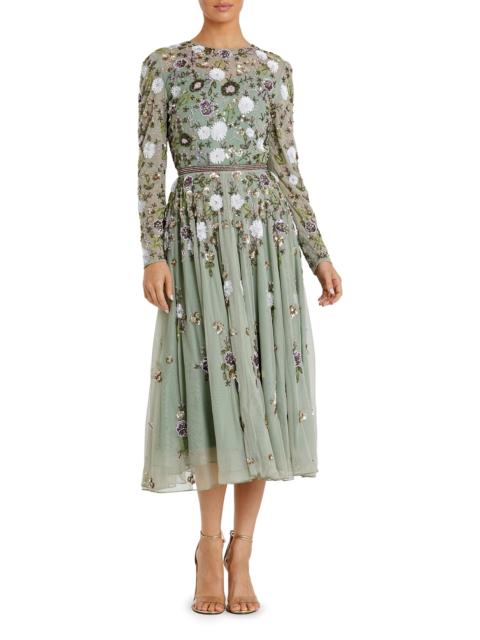 MAC DUGGAL Women's Cocktail Floral Sequin Chiffon Fit & Flare Midi-Dress - Sage Multi