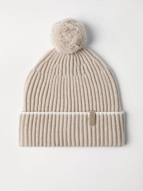 Cashmere rib knit beanie with pompom and monili