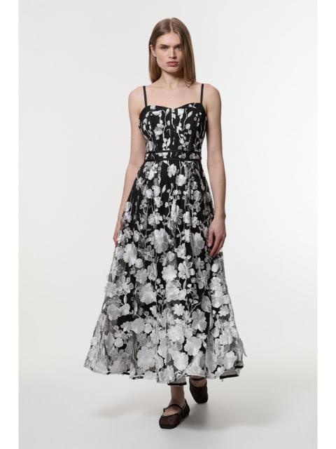 KAREN MILLEN Floral Applique Corset Detail Woven Midi Dress