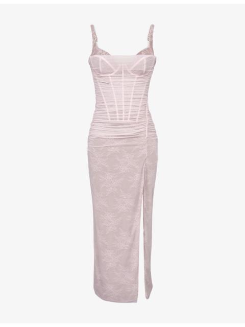 House of CB Lini Corset-Bodice Stretch-Mesh Maxi Dress