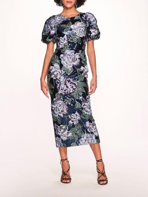 Marchesa BUBBLE SLEEVE SEQUIN MIDI DRESS