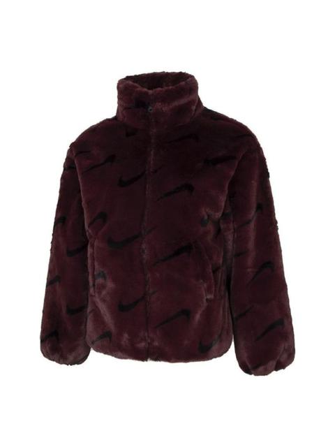 (WMNS) Nike Printed Faux Fur Jacket Asia Sizing 'Burgundy' DQ6843-652