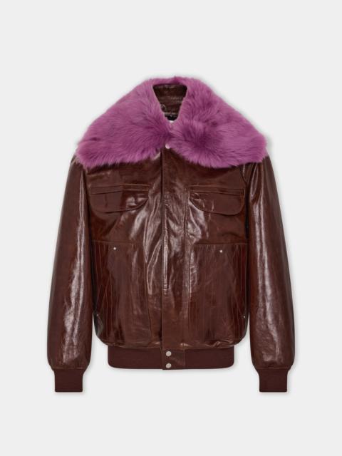 rabanne OVERSIZED BROWN CRACKLED LEATHER BOMBER JACKET WITH REMOVABLE SHEARLING COLLAR