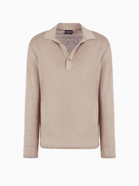 Long-sleeved polo shirt in pure linen jersey