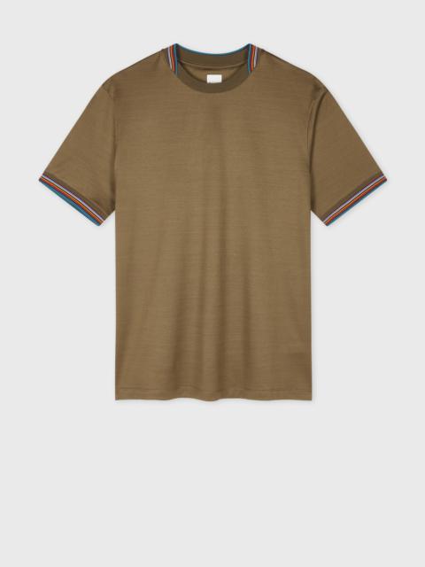 Paul Smith Dark Khaki Mercerised Cotton 'Signature Stripe' Trim T-Shirt