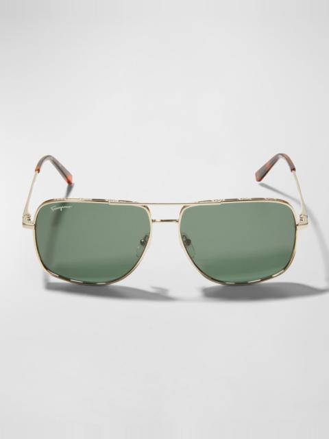 FERRAGAMO Men's Metal Gancini Rim Navigator Aviator Sunglasses