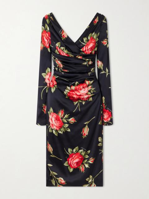 Dolce & Gabbana Ruched Floral-printed Satin Midi Dress