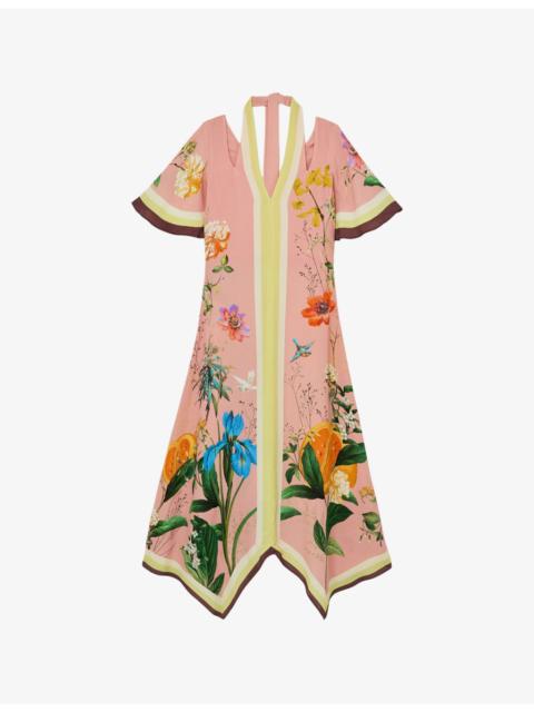 REISS Flossy Floral-Print Cut-Out Woven Midi Dress