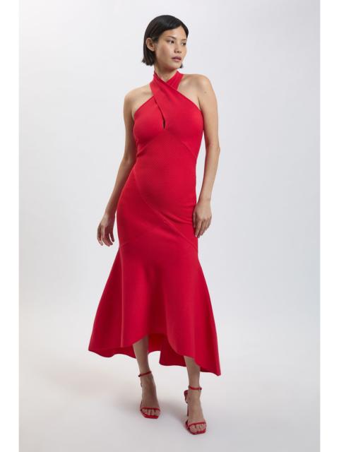 KAREN MILLEN Petite Elegant Cross Halter Ribbed Knit Maxi Dress