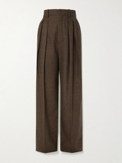 SAINT LAURENT Pleated Herringbone Wool Wide-leg Pants