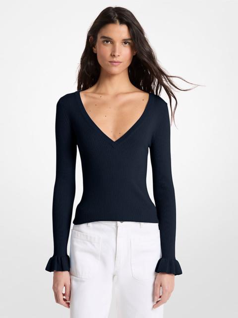 MICHAEL KORS Ribbed Wool Blend V-Neck Sweater