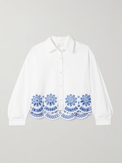 LORETTA CAPONI Assia cropped broderie anglaise-trimmed cotton-voile shirt White