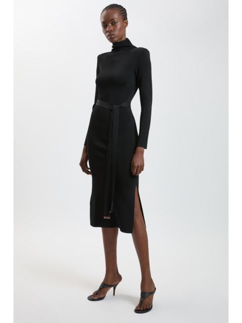 KAREN MILLEN Slinky Drape Knit Power Shoulder Funnel Dress