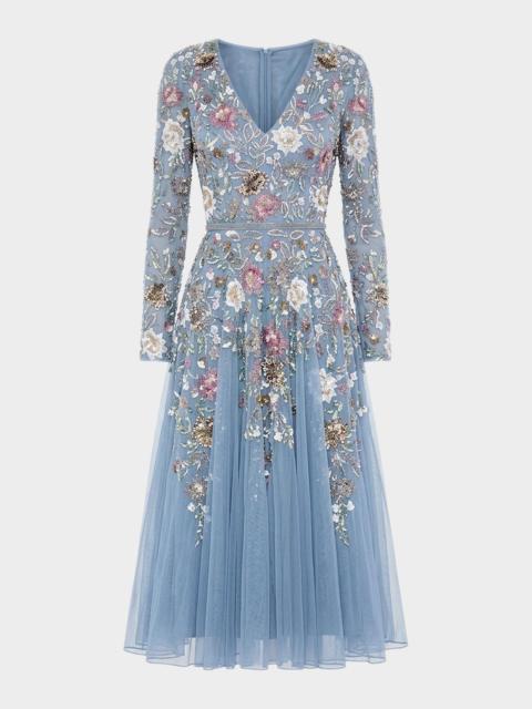 MAC DUGGAL Floral Beaded Mesh Midi Dress