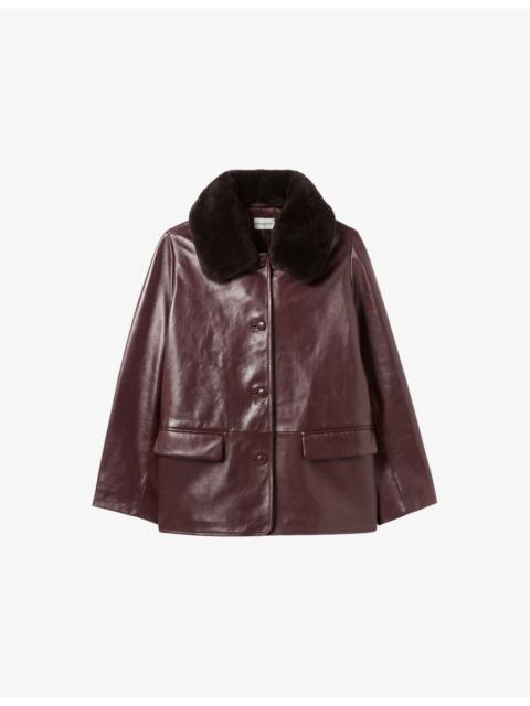 Claudie Pierlot Shearling-Collar Relaxed-Fit Leather Jacket