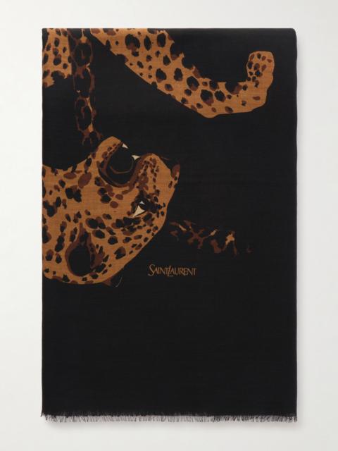SAINT LAURENT Etolel-leopard Frayed Printed Wool-twill Scarf
