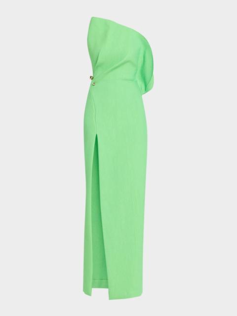 Monique Lhuillier Sculpted Petal Strapless Brocade Column Gown